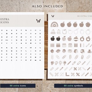 May include: Two pages of black and white icons. The left page has 90 extra icons, including social media icons, arrows, and geometric shapes. The right page has 80 extra symbols, including apples, pencils, books, and paper clips. The text "ALSO INCLUDED" is at the top of the page.