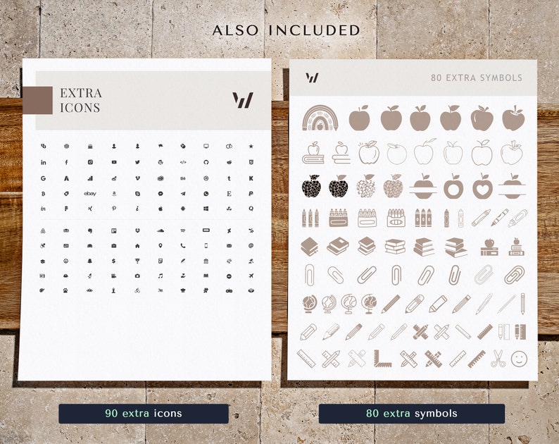 May include: Two pages of black and white icons. The left page has 90 extra icons, including social media icons, arrows, and geometric shapes. The right page has 80 extra symbols, including apples, pencils, books, and paper clips. The text "ALSO INCLUDED" is at the top of the page.