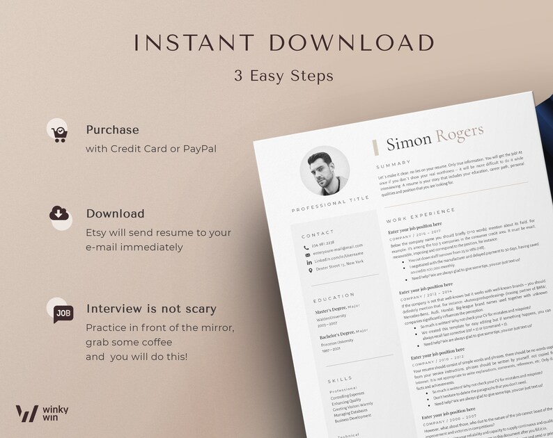 May include: A black and white resume template with the title "Simon Rogers" and a photo of a man. The resume includes sections for contact information, work experience, education, and skills. The text "INSTANT DOWNLOAD 3 Easy Steps" is at the top of the page.