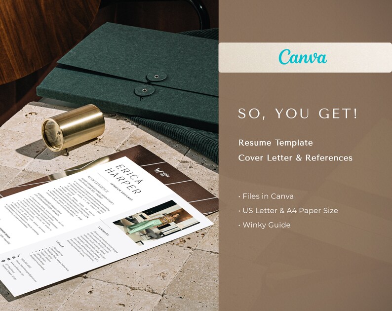 May include: A resume template with a cover letter and references, designed in Canva. The resume is on a white sheet of paper with the name "ERICA HARPER" at the top. A dark green folder and a gold-colored cylindrical object are also visible.