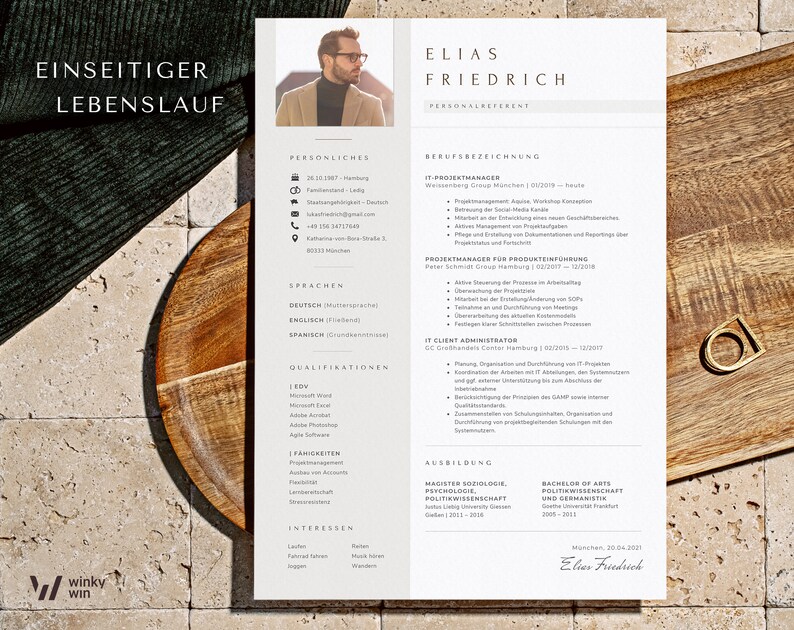May include: A white resume with a black and white photo of a person at the top. The resume is for Elias Friedrich, who is an IT Project Manager. The resume lists his skills, qualifications, and work experience.