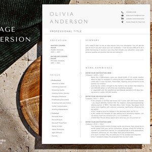 May include: A one-page resume template with the name Olivia Anderson at the top. The resume includes sections for education, skills, and work experience. The text "1 PAGE VERSION" is in the upper left corner. The resume is on a light-colored background.
