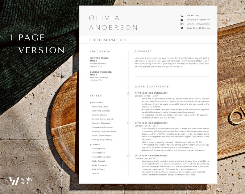 May include: A one-page resume template with the name Olivia Anderson at the top. The resume includes sections for education, skills, and work experience. The text "1 PAGE VERSION" is in the upper left corner. The resume is on a light-colored background.
