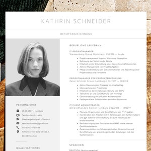 May include: A black and white photo of a woman with short hair. The photo is on a resume with the name Kathrin Schneider and her professional experience listed. The resume includes her work experience as an IT Project Manager, Project Manager for Product Introduction, and IT Client Administrator.