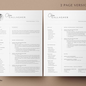 May include: A two-page resume template with a black and white color scheme. The resume is for a person named Chloe Gallagher. The resume includes sections for contact information, summary, education, work experience, skills, references, extra, and professional development.