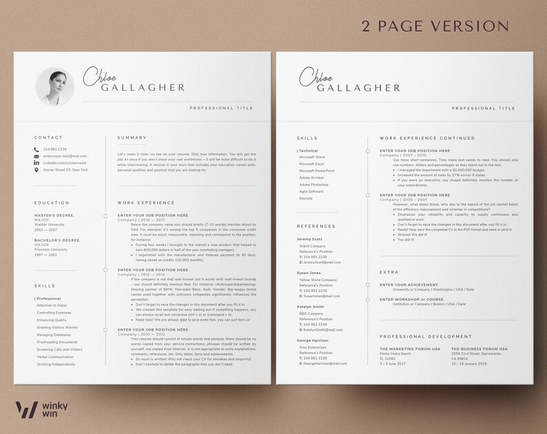 May include: A two-page resume template with a black and white color scheme. The resume is for a person named Chloe Gallagher. The resume includes sections for contact information, summary, education, work experience, skills, references, extra, and professional development.