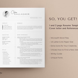 May include: A black and white resume template with the text "SO, YOU GET!" and a list of features including "1 and 2 page Resume Template, Cover letter and References, Microsoft Word Files, US Letter & A4 Paper Size, Extra Icons for Your Creativity, 5 Rules How to Find a New Job, Winky Guide, Unique Fonts".