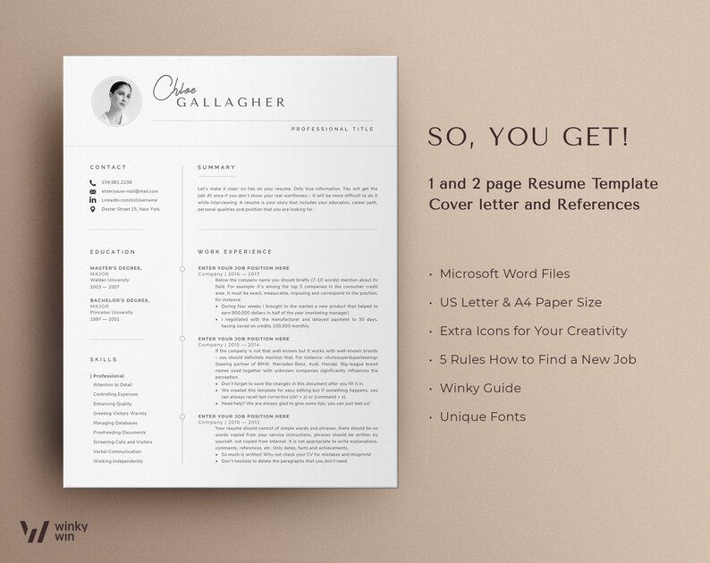 May include: A black and white resume template with the text "SO, YOU GET!" and a list of features including "1 and 2 page Resume Template, Cover letter and References, Microsoft Word Files, US Letter & A4 Paper Size, Extra Icons for Your Creativity, 5 Rules How to Find a New Job, Winky Guide, Unique Fonts".