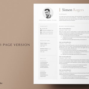 May include: A black and white resume template with a professional headshot of a man in the top left corner. The resume includes a summary, contact information, work experience, education, and skills. The text "1 Page Version" is in the bottom left corner.