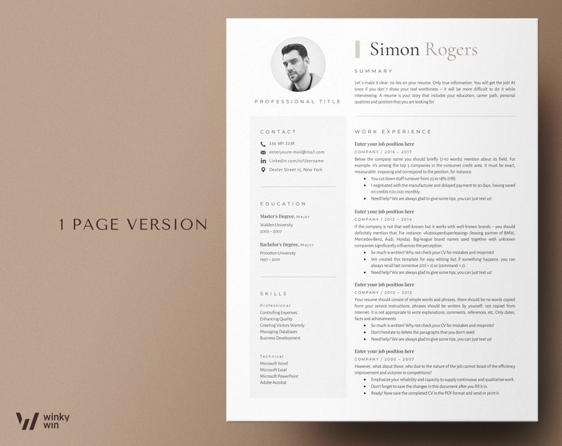 May include: A black and white resume template with a professional headshot of a man in the top left corner. The resume includes a summary, contact information, work experience, education, and skills. The text "1 Page Version" is in the bottom left corner.