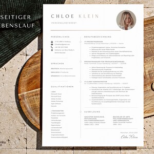 May include: A resume in German for Chloe Klein, a personal representative. The resume includes her contact information, work experience, education, and skills. The resume is formatted with a modern design and includes a photo of Chloe Klein.