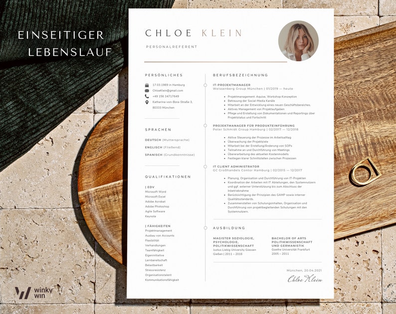 May include: A resume in German for Chloe Klein, a personal representative. The resume includes her contact information, work experience, education, and skills. The resume is formatted with a modern design and includes a photo of Chloe Klein.