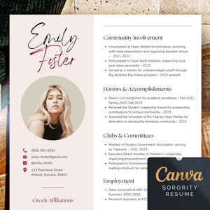 Rush Resume Template Etsy, Beautiful Sorority Resume with Photo, Cute and elegant social resume design, Sorority packet, Recruitment resume