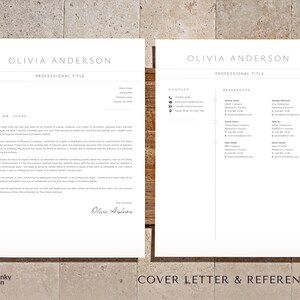 May include: A professional resume template with a cover letter and references. The resume is white with a minimalist design, featuring the name "Olivia Anderson" at the top. The cover letter includes a greeting and body text. The references section lists contact details.