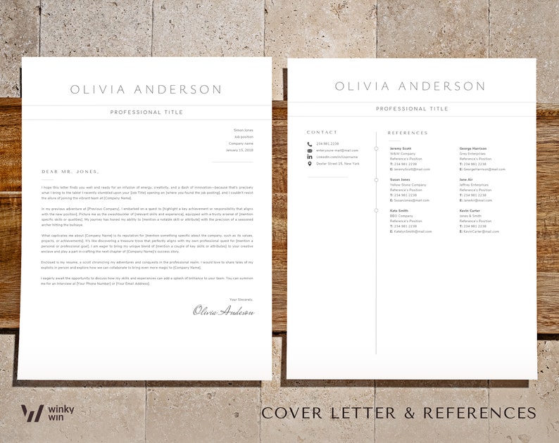 May include: A professional resume template with a cover letter and references. The resume is white with a minimalist design, featuring the name "Olivia Anderson" at the top. The cover letter includes a greeting and body text. The references section lists contact details.