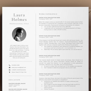Modelo de currículo com foto, modelo de carta de apresentação de currículo Word, currículo preto e branco, modelo de currículo profissional, design de currículo criativo Word