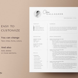 May include: A minimalist resume template with a black and white color scheme. The template includes sections for contact information, summary, education, work experience, and skills. The text "EASY TO CUSTOMIZE" is displayed in the upper left corner of the template. The text "You can change Text, titles, fonts, colors." is displayed below the text "EASY TO CUSTOMIZE". The text "And also Add, delete or move sections." is displayed below the text "You can change Text, titles, fonts, colors."