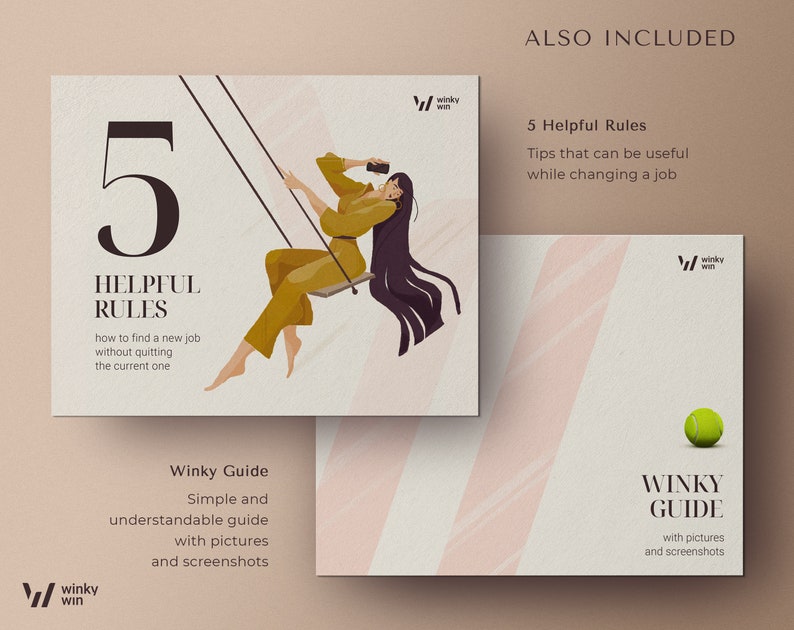 K&ouml;nnte beinhalten: Eine digitale Illustration einer Frau, die auf einer Schaukel sitzt, mit dem Text "5 HELPFUL RULES" und "how to find a new job without quitting the current one". Die Illustration befindet sich auf einem beigefarbenen Hintergrund mit dem Text "Winky Guide" und "Simple and understandable guide with pictures and screenshots" unterhalb der Illustration.