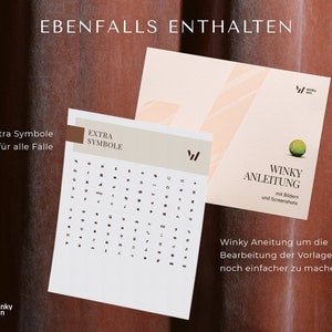 May include: Two cards with text and graphics. One card has the text "Extra Symbole" and a grid of small icons. The other card has the text "Winky Anleitung" and a tennis ball graphic. The cards are on a brown background.
