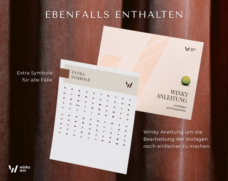 May include: Two cards with text and graphics. One card has the text "Extra Symbole" and a grid of small icons. The other card has the text "Winky Anleitung" and a tennis ball graphic. The cards are on a brown background.