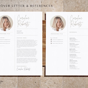 May include: A cover letter and references page for Caroline Roberts. The cover letter is addressed to Mr. Jones and includes a professional title, contact information, and a brief introduction. The references page lists the names, titles, and contact information for several individuals.