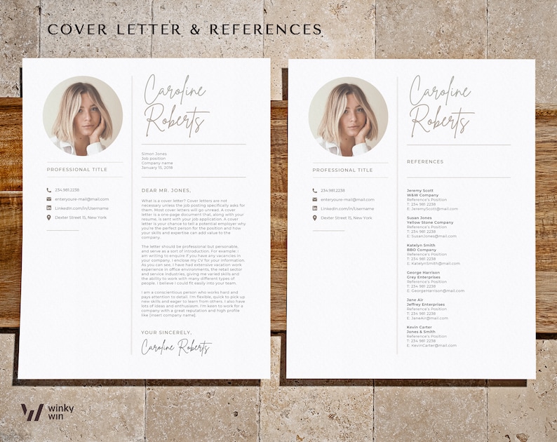 May include: A cover letter and references page for Caroline Roberts. The cover letter is addressed to Mr. Jones and includes a professional title, contact information, and a brief introduction. The references page lists the names, titles, and contact information for several individuals.