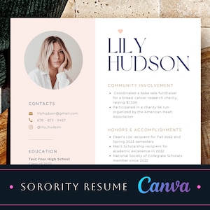 Sorority rush resume template, Perfect for any Sorority, Any Rose and White Sorority recruitment, Clean Blue Pink Sorority Resume with Photo