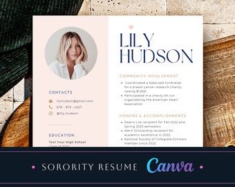 Sorority rush resume template, Perfect for any Sorority, Any Rose and White Sorority recruitment, Clean Blue Pink Sorority Resume with Photo