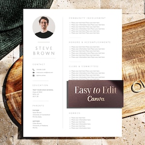May include: A resume template with the name "Steve Brown" at the top. The resume includes sections for contact information, education, and hobbies. A brown rectangle with the text "Easy to Edit Canva" is at the bottom.