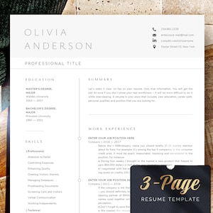 May include: A clean, minimalist resume template with the name "OLIVIA ANDERSON" at the top. The document includes sections for education, skills, and work experience. A small card in the bottom right corner reads "3-Page RESUME TEMPLATE".