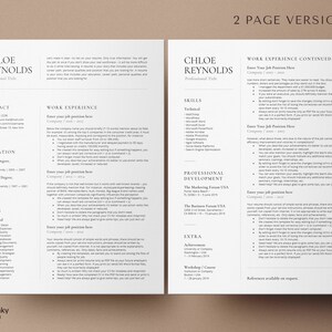 May include: A two-page resume template with a modern, minimalist design. The resume is for Chloe Reynolds, who lists her professional skills, work experience, education, and professional development. The resume includes a contact section with her phone number, email address, and LinkedIn profile.
