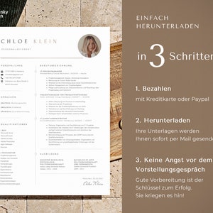 May include: A resume template with a photo of a woman at the top. The resume is titled "Chloe Klein, Personalreferent." The resume includes sections for personal information, work experience, education, and qualifications. The text "Einfach Herunterladen in 3 Schritten" is visible in the upper right corner of the image. The text below the resume reads "1. Bezahlen mit Kreditkarte oder Paypal", "2. Herunterladen Ihre Unterlagen werden Ihnen sofort per Mail gesendet", and "3. Keine Angst vor dem Vorstellungsgespr&auml;ch Gute Vorbereitung ist der Schl&uuml;ssel zum Erfolg. Sie kriegen es hin!"
