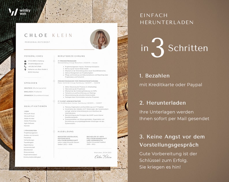 May include: A resume template with a photo of a woman at the top. The resume is titled "Chloe Klein, Personalreferent." The resume includes sections for personal information, work experience, education, and qualifications. The text "Einfach Herunterladen in 3 Schritten" is visible in the upper right corner of the image. The text below the resume reads "1. Bezahlen mit Kreditkarte oder Paypal", "2. Herunterladen Ihre Unterlagen werden Ihnen sofort per Mail gesendet", and "3. Keine Angst vor dem Vorstellungsgespr&auml;ch Gute Vorbereitung ist der Schl&uuml;ssel zum Erfolg. Sie kriegen es hin!"
