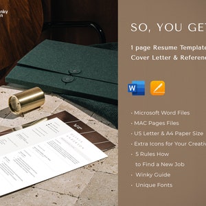 May include: A resume template with the text "SO, YOU GET!" and "OLIVIA ANDERSON" is displayed on a stone surface. The image includes a dark green portfolio, a gold-colored cylindrical object, and a list of features including Microsoft Word Files and US Letter & A4 Paper Size.