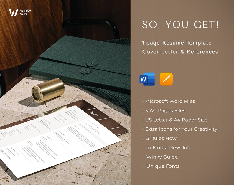 May include: A resume template with the text "SO, YOU GET!" and "OLIVIA ANDERSON" is displayed on a stone surface. The image includes a dark green portfolio, a gold-colored cylindrical object, and a list of features including Microsoft Word Files and US Letter & A4 Paper Size.