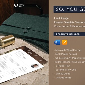 Puede incluir: Una plantilla de curr&iacute;culum en formato Word con un fondo a rayas marr&oacute;n y blanco. El texto "SO, YOU GET!" est&aacute; en negrita, en letras azules. El texto "1 and 2 page Resume Template Versions Cover Letter & References" est&aacute; en letras negras. El texto "2 FORMATS INCLUDED" est&aacute; en negrita, en letras azules. El texto "Microsoft Word Format MAC Pages Format US Letter & A4 Paper Sizes Extra Icons for Your Creativity 5 Rules How to Find a New Job Winky Guide Unique Fonts" est&aacute; en letras negras.