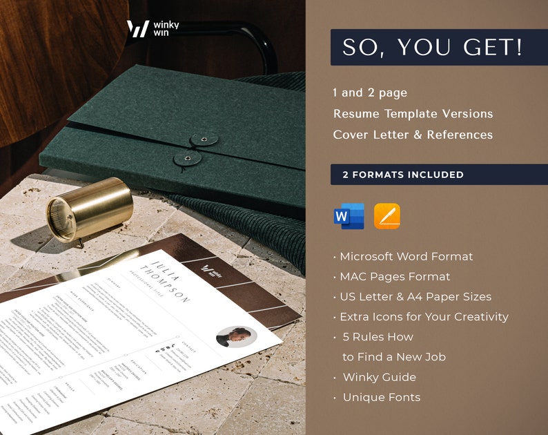 Puede incluir: Una plantilla de curr&iacute;culum en formato Word con un fondo a rayas marr&oacute;n y blanco. El texto "SO, YOU GET!" est&aacute; en negrita, en letras azules. El texto "1 and 2 page Resume Template Versions Cover Letter & References" est&aacute; en letras negras. El texto "2 FORMATS INCLUDED" est&aacute; en negrita, en letras azules. El texto "Microsoft Word Format MAC Pages Format US Letter & A4 Paper Sizes Extra Icons for Your Creativity 5 Rules How to Find a New Job Winky Guide Unique Fonts" est&aacute; en letras negras.