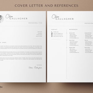 May include: A black and white cover letter and references template with the name Chloe Gallagher at the top of each page. The cover letter includes a section titled "Dear Mr. Jones" and the references page includes a contact section with a phone number, email address, and physical address.