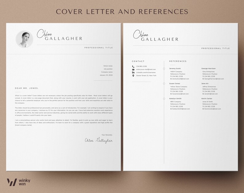 May include: A black and white cover letter and references template with the name Chloe Gallagher at the top of each page. The cover letter includes a section titled "Dear Mr. Jones" and the references page includes a contact section with a phone number, email address, and physical address.