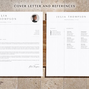 Puede incluir: Una plantilla de carta de presentaci&oacute;n y referencias en blanco y negro con una foto profesional de una mujer en la esquina superior izquierda. El documento incluye informaci&oacute;n de contacto y una lista de referencias.