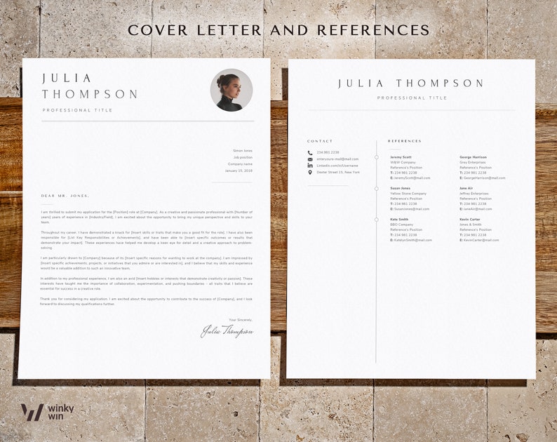 Puede incluir: Una plantilla de carta de presentaci&oacute;n y referencias en blanco y negro con una foto profesional de una mujer en la esquina superior izquierda. El documento incluye informaci&oacute;n de contacto y una lista de referencias.
