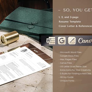 May include: A resume template in a minimalist style with a gold accent. The template includes a cover letter and references. The template is available in Microsoft Word, Google Docs, Mac Pages, Canva, and US Letter and A4 paper sizes. The template also includes extra icons for creativity, 5 rules for finding a new job, a Winky Guide, and unique fonts.