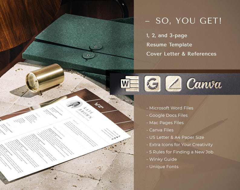 May include: A resume template in a minimalist style with a gold accent. The template includes a cover letter and references. The template is available in Microsoft Word, Google Docs, Mac Pages, Canva, and US Letter and A4 paper sizes. The template also includes extra icons for creativity, 5 rules for finding a new job, a Winky Guide, and unique fonts.