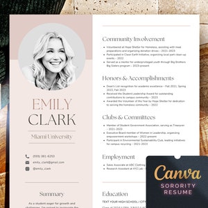 Op de afbeelding: Een licht roze en bruine cv-sjabloon met een foto van een vrouw. De cv bevat secties voor maatschappelijke betrokkenheid, onderscheidingen en prestaties, clubs en commissies, werkgelegenheid, opleiding en een samenvatting. De tekst "Canva Sorority Resume" staat onderaan de pagina.