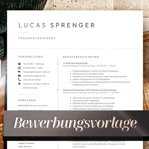 Op de afbeelding: Een zwart-witte cv-sjabloon met de naam Lucas Sprenger en de titel Personalreferent. De cv bevat persoonlijke informatie, werkervaring en vaardigheden. De tekst "Bewerbungsvorlage" staat onderaan de pagina.