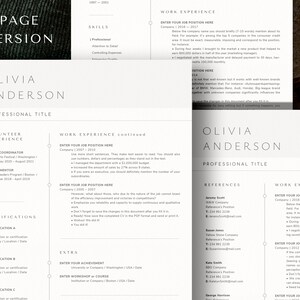 May include: A three-page resume template with a minimalist design. The resume includes sections for professional title, work experience, volunteer experience, certifications, and references. The text is in a clean, easy-to-read font.