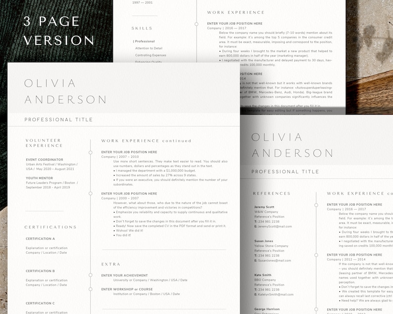 May include: A three-page resume template with a minimalist design. The resume includes sections for professional title, work experience, volunteer experience, certifications, and references. The text is in a clean, easy-to-read font.
