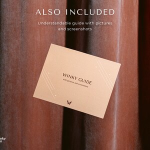 May include: A beige card with the text "WINKY GUIDE" and "with pictures and screenshots" is displayed against a brown curtain. The card also features the "winky win" logo. Above the card, the text "ALSO INCLUDED" is visible.