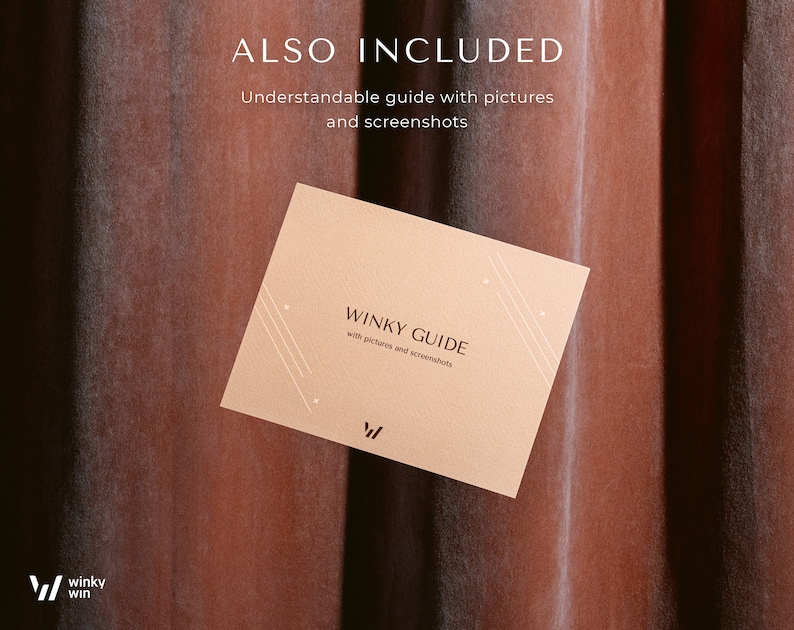 May include: A beige card with the text "WINKY GUIDE" and "with pictures and screenshots" is displayed against a brown curtain. The card also features the "winky win" logo. Above the card, the text "ALSO INCLUDED" is visible.