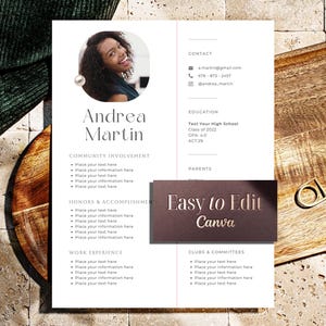 May include: A resume template with the name "Andrea Martin" at the top, featuring sections for contact information, education, community involvement, and work experience. The template includes the text "Easy to Edit Canva" in a brown rectangle.